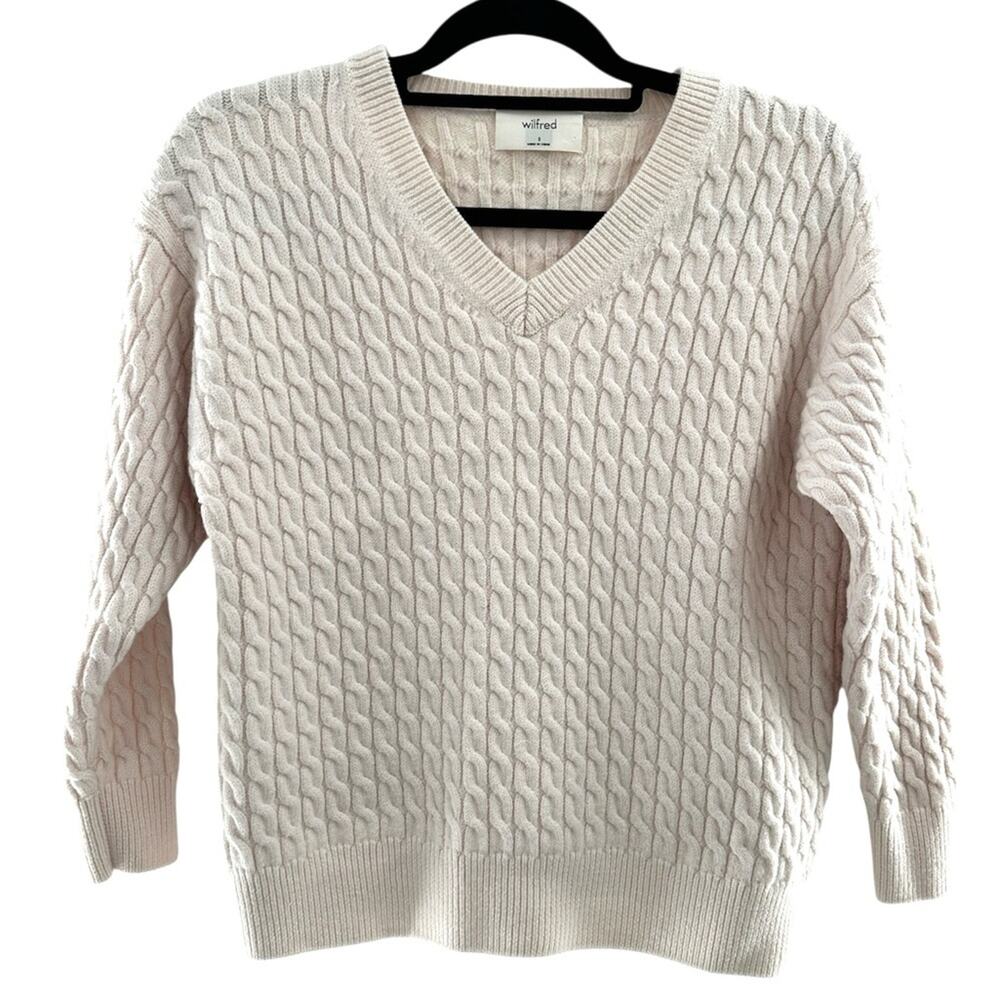 Aritzia Wilfred Cream Dimension Cable Knit V-Neck Merino Wool Chunky Sweater